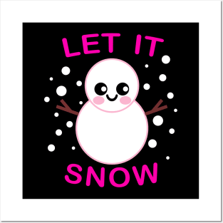 Let it snow. Cute Kawaii Smiling Snowman with snowflakes Posters and Art